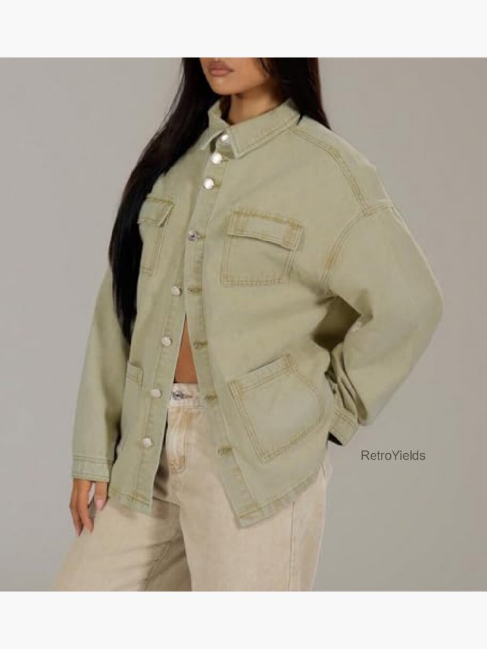 Oversized Cargo Button Down Shacket Denim Jacket with Pockets - Picture 6 of 7